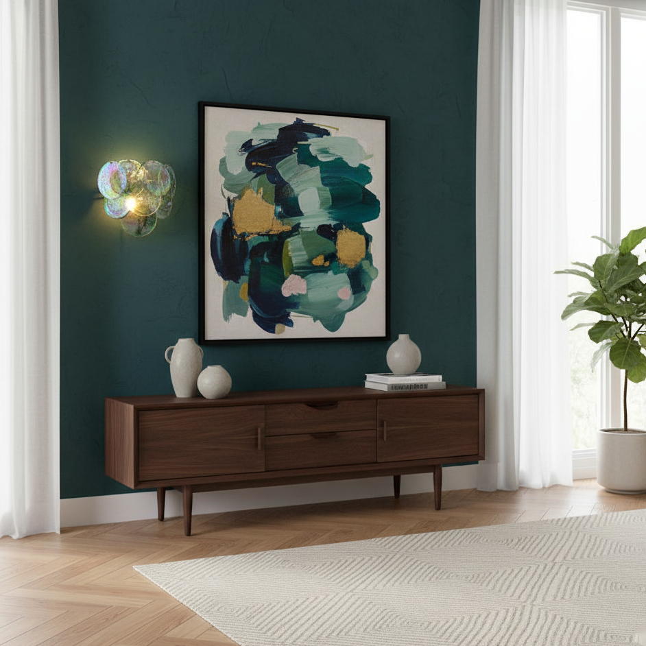 Talia hand-blown glass bubble wall sconce mounted on dark green accent wall in contemporary living room with abstract art and wooden cabinet storage