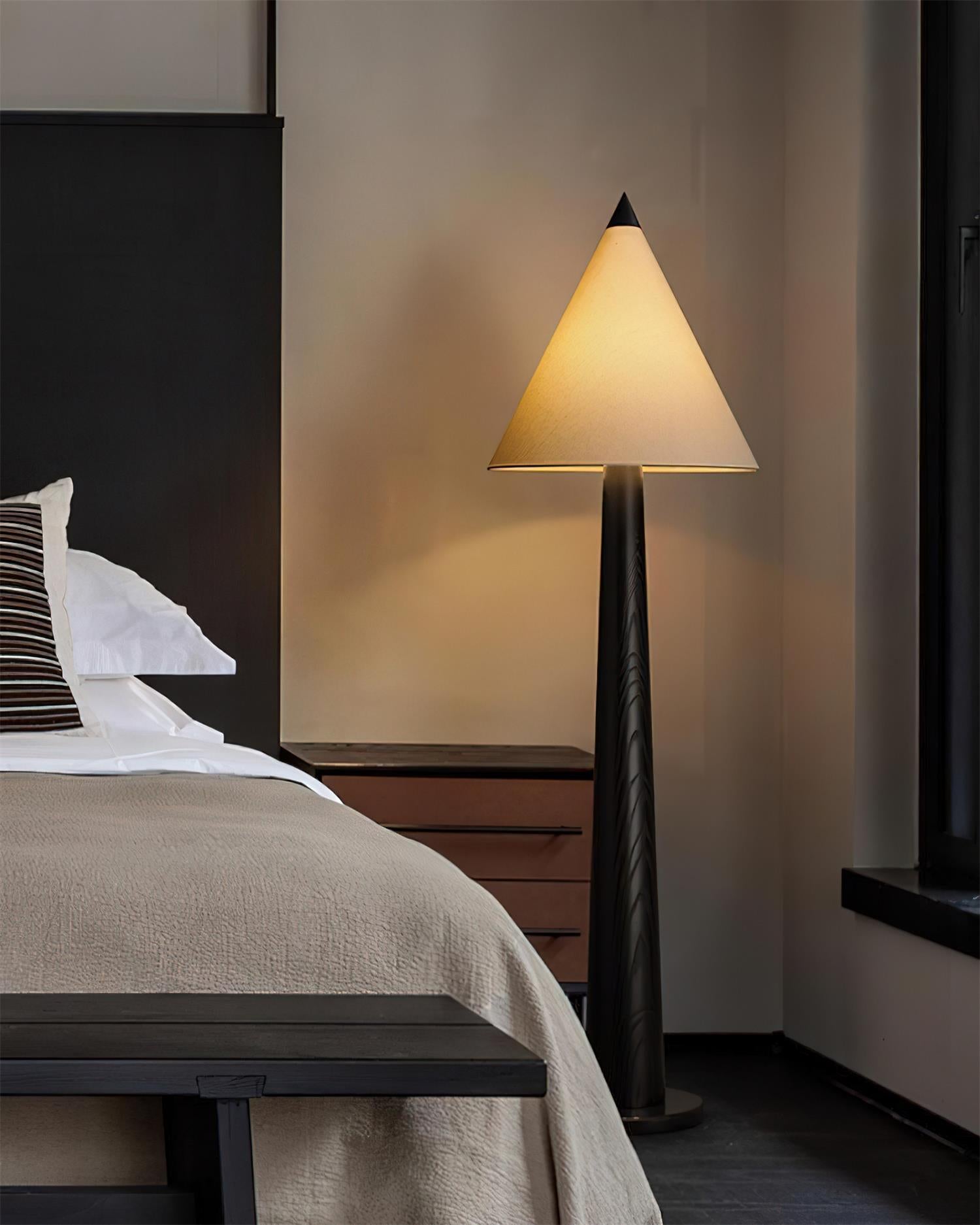 Taper Crest modern floor lamp with tapered wooden pole and soft linen cone shade detail view