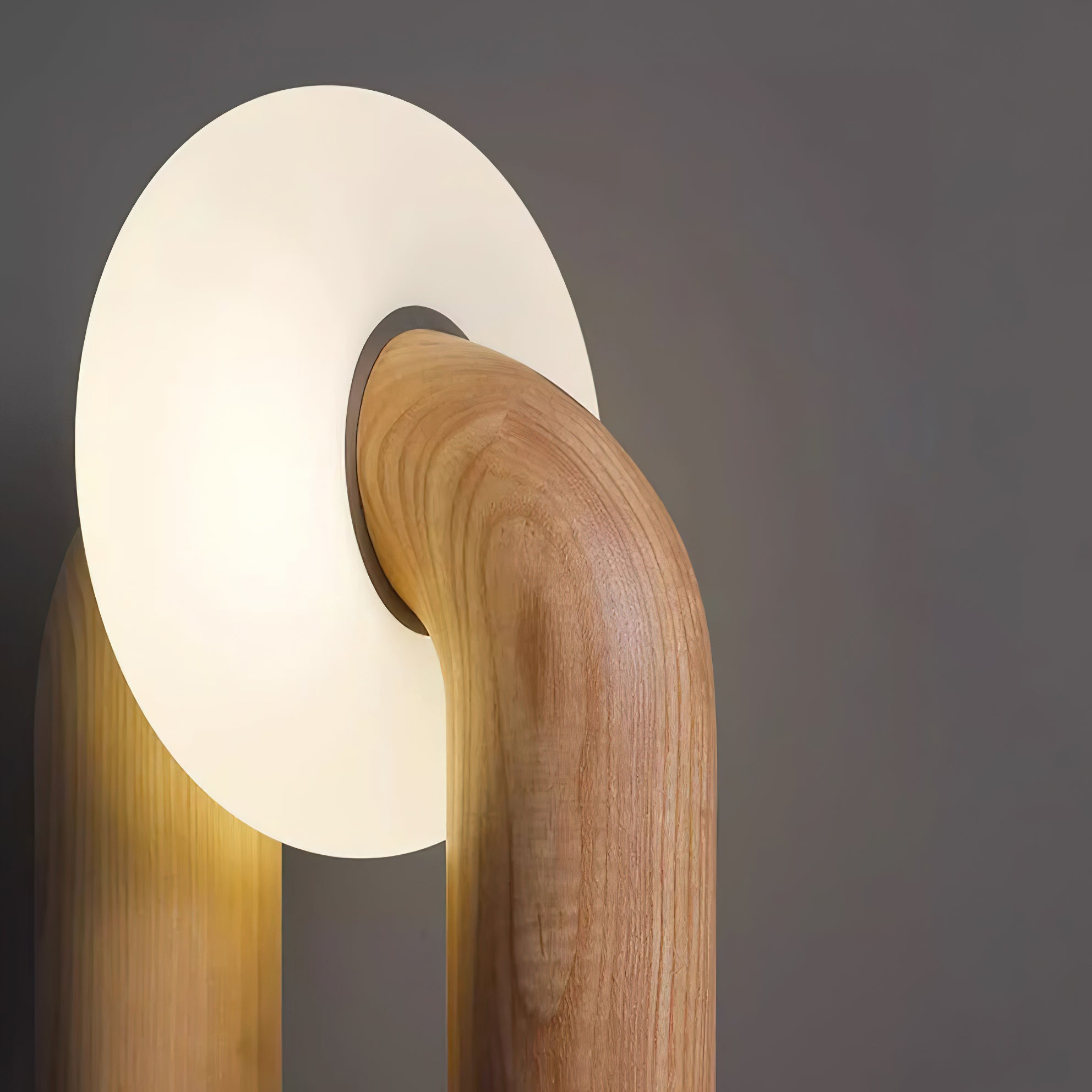 Extreme close-up side perspective of Teelo lamp highlighting smooth wood texture and bright frosted glass