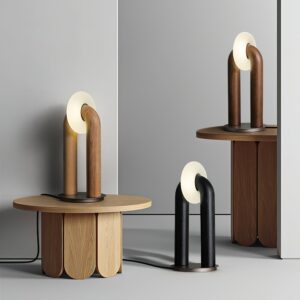 Pair of Teelo table lamps in walnut and matte black finishes on wooden side tables in modern home living room