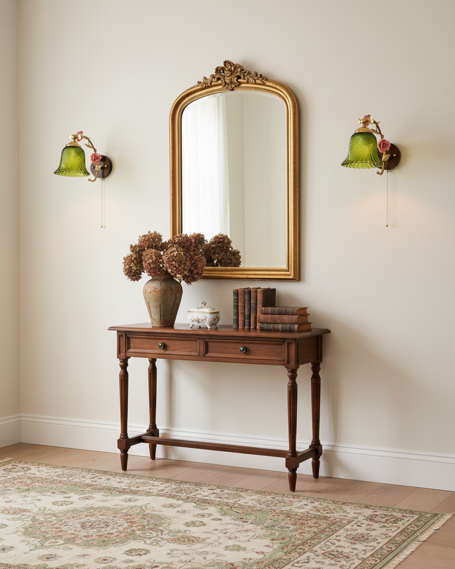 Green Roseraie Verse wall sconce installed in vintage foyer with ornate mirror and console table