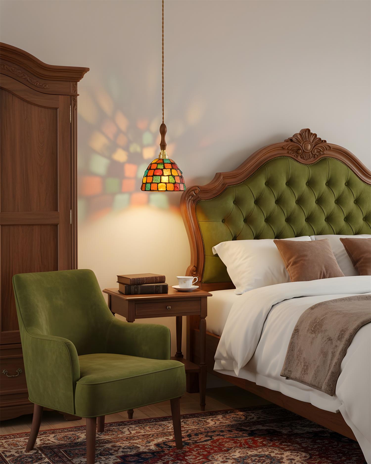 Tessaro Tiffany-style stained glass pendant lamp in bedroom casting colorful light patterns