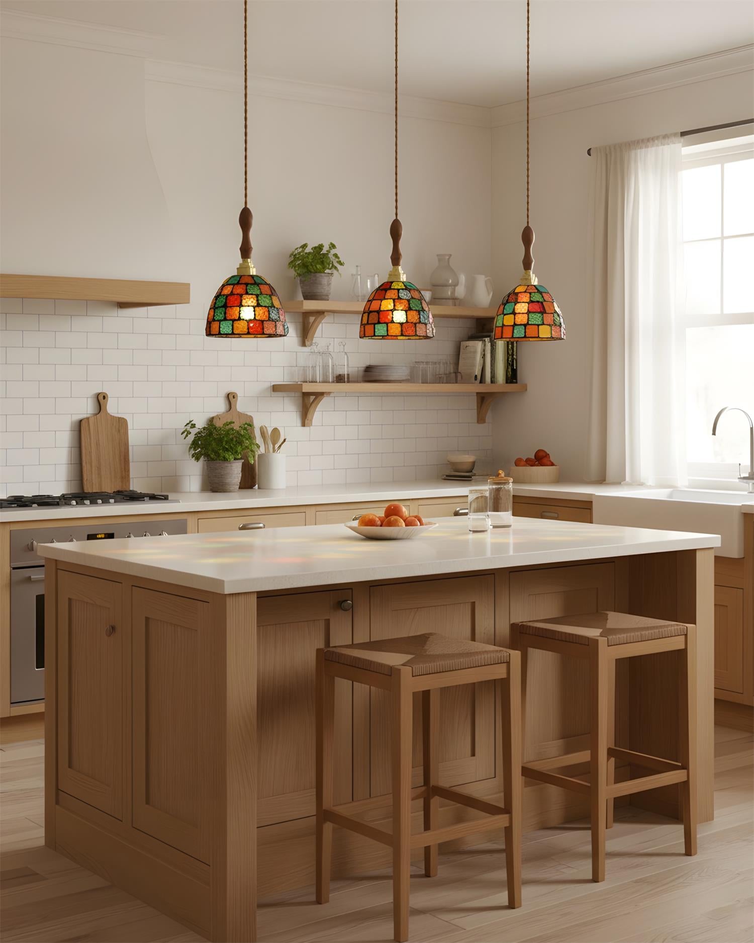 Tessaro mosaic pendant lights hanging over farmhouse kitchen island with warm rustic ambiance