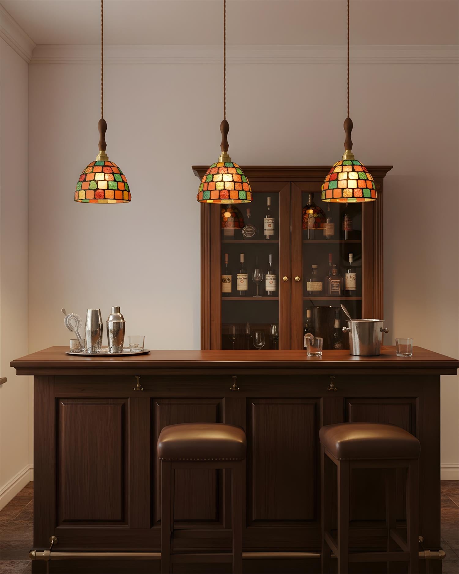 Tessaro mosaic glass pendant fixture showcasing hand-set texture and earthy neutral tones