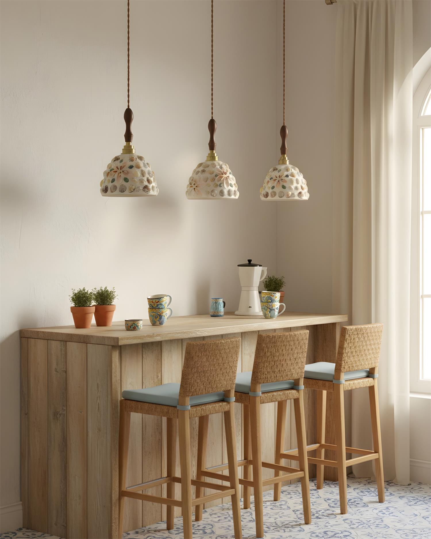 Tessaro-style pendant lamps with white ceramic embossed shades in modern farmhouse kitchen