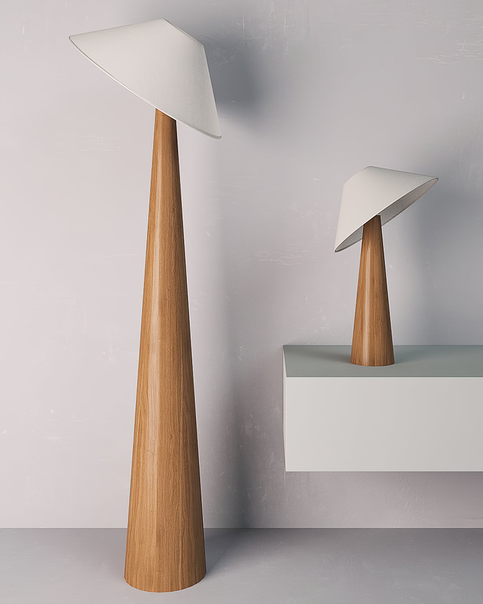 Nordic floor lamp and table lamp pairing with natural wood tapered base and angled shade