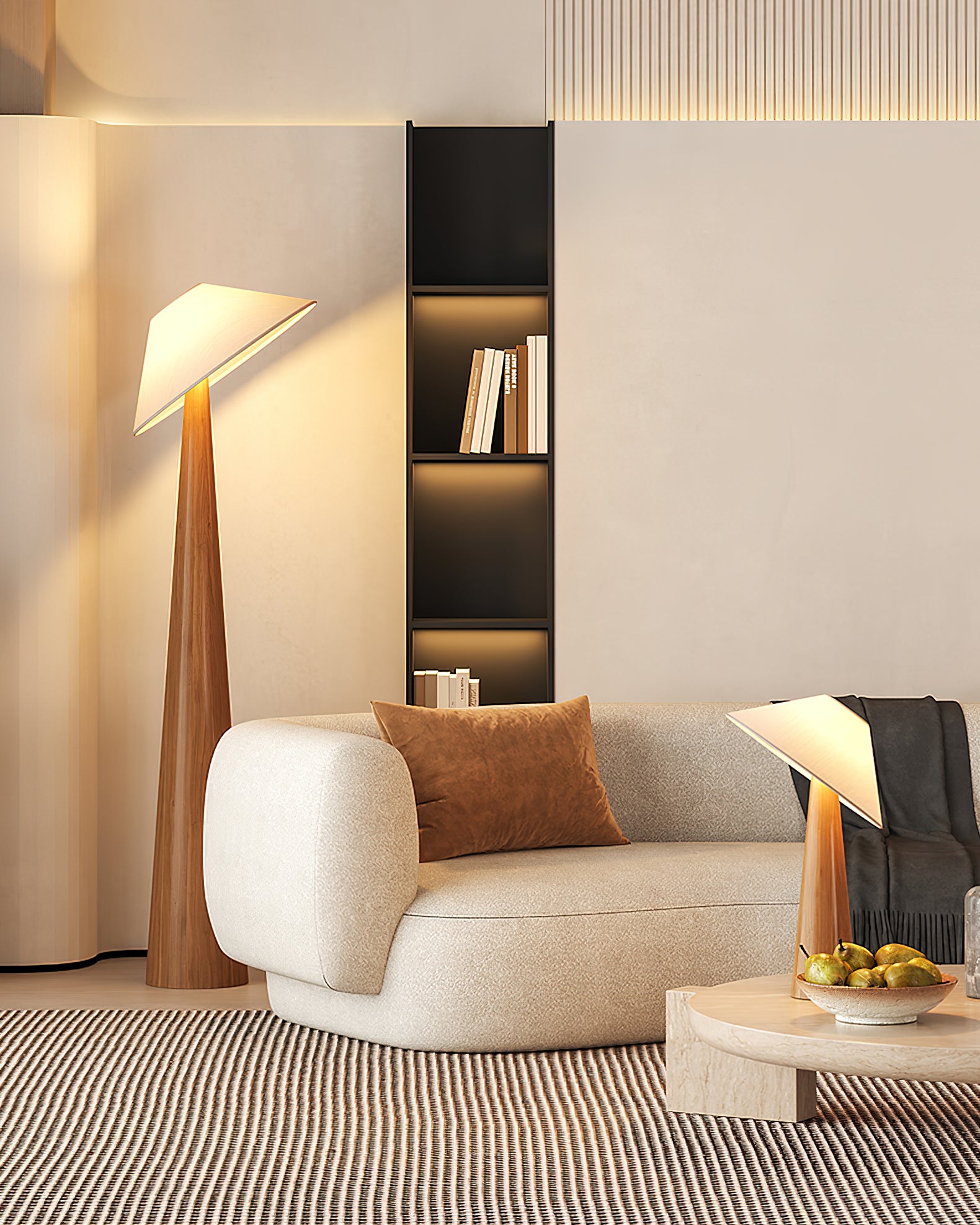 Modern angled fabric shade floor lamp with tapered wooden pole and matte finish details