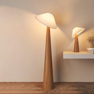 Nordic wooden floor lamp with matching table lamp in warm wood tone living room setting