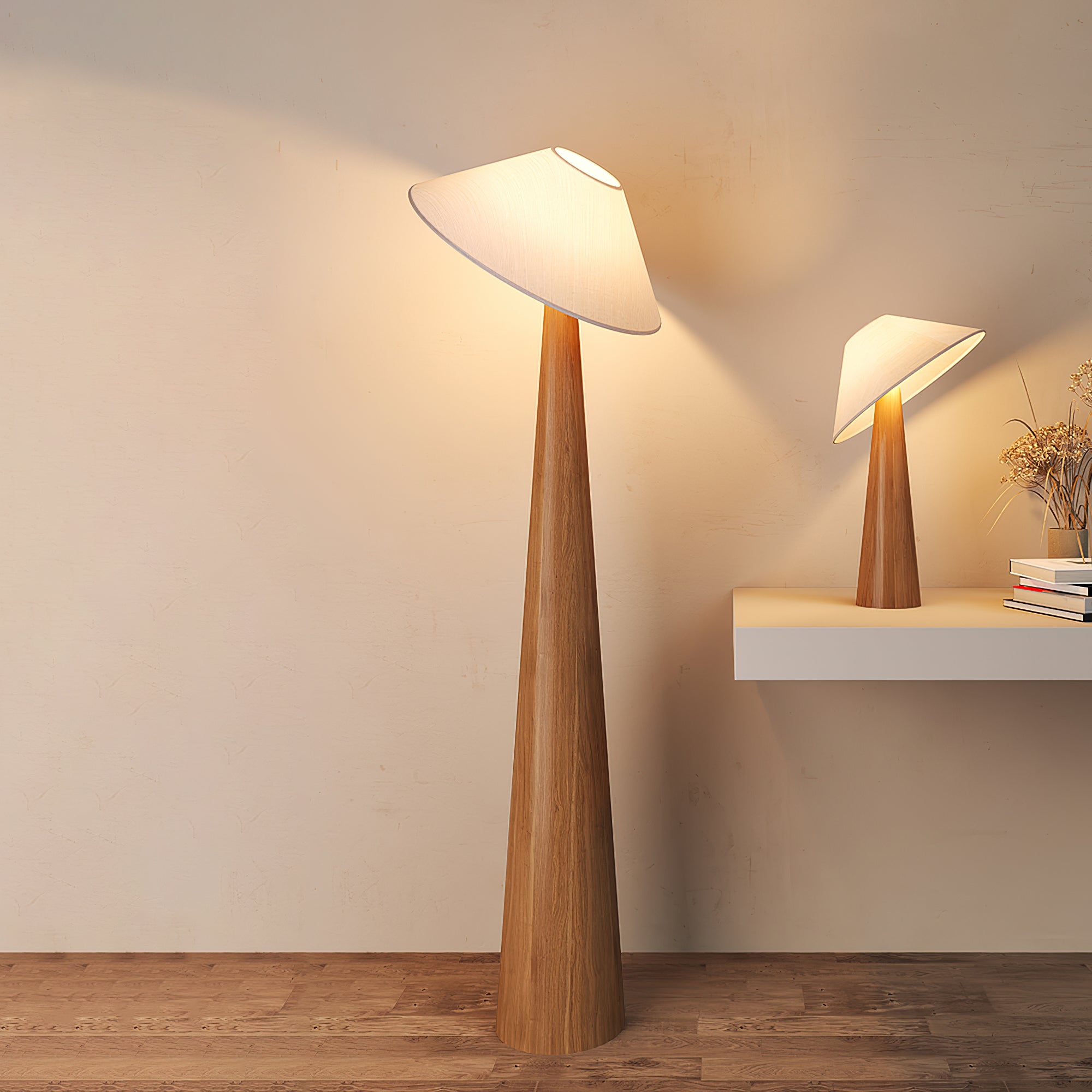 Nordic wooden floor lamp with matching table lamp in warm wood tone living room setting