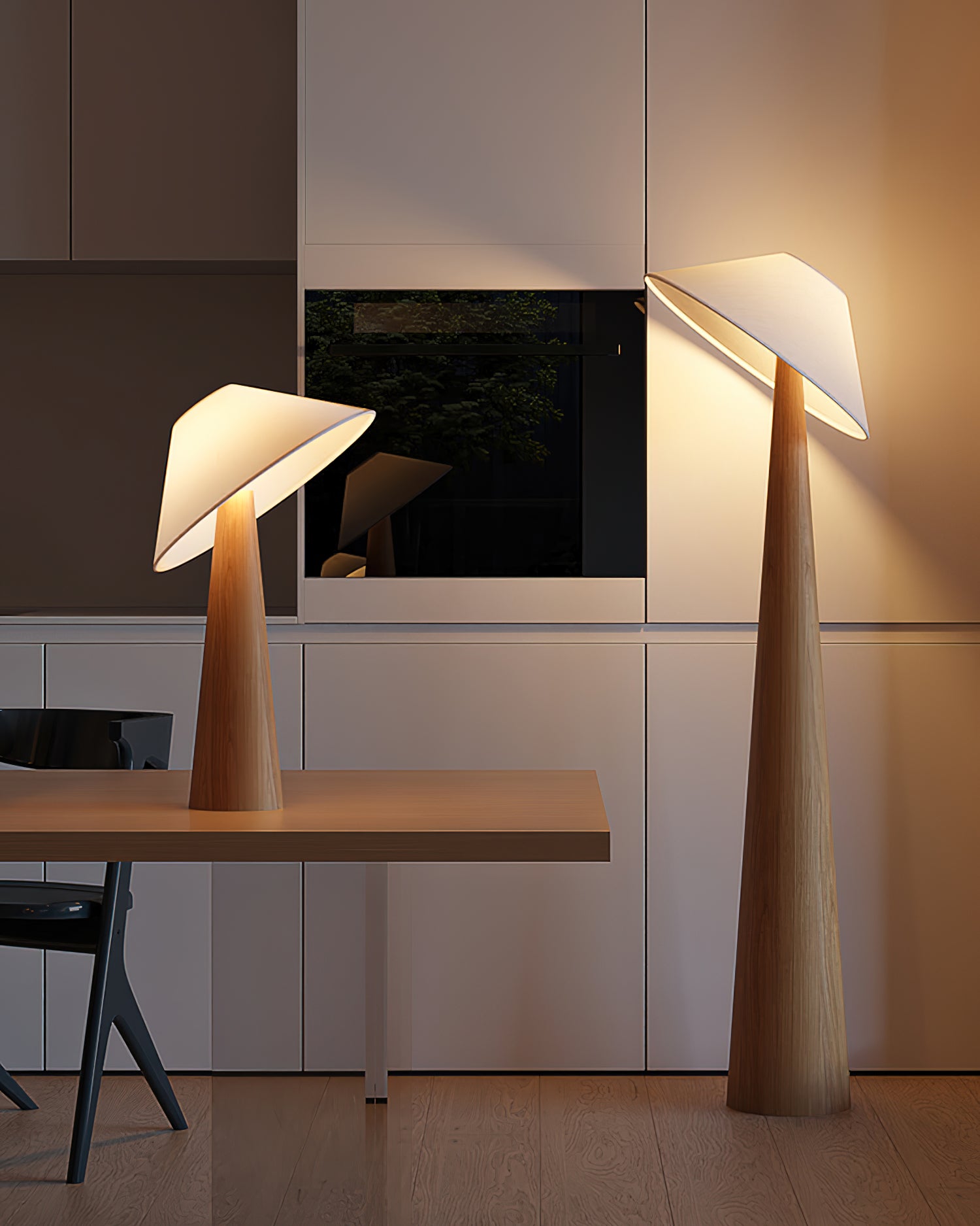 Minimalist wooden floor lamp with angled shade in home study area beside wooden desk