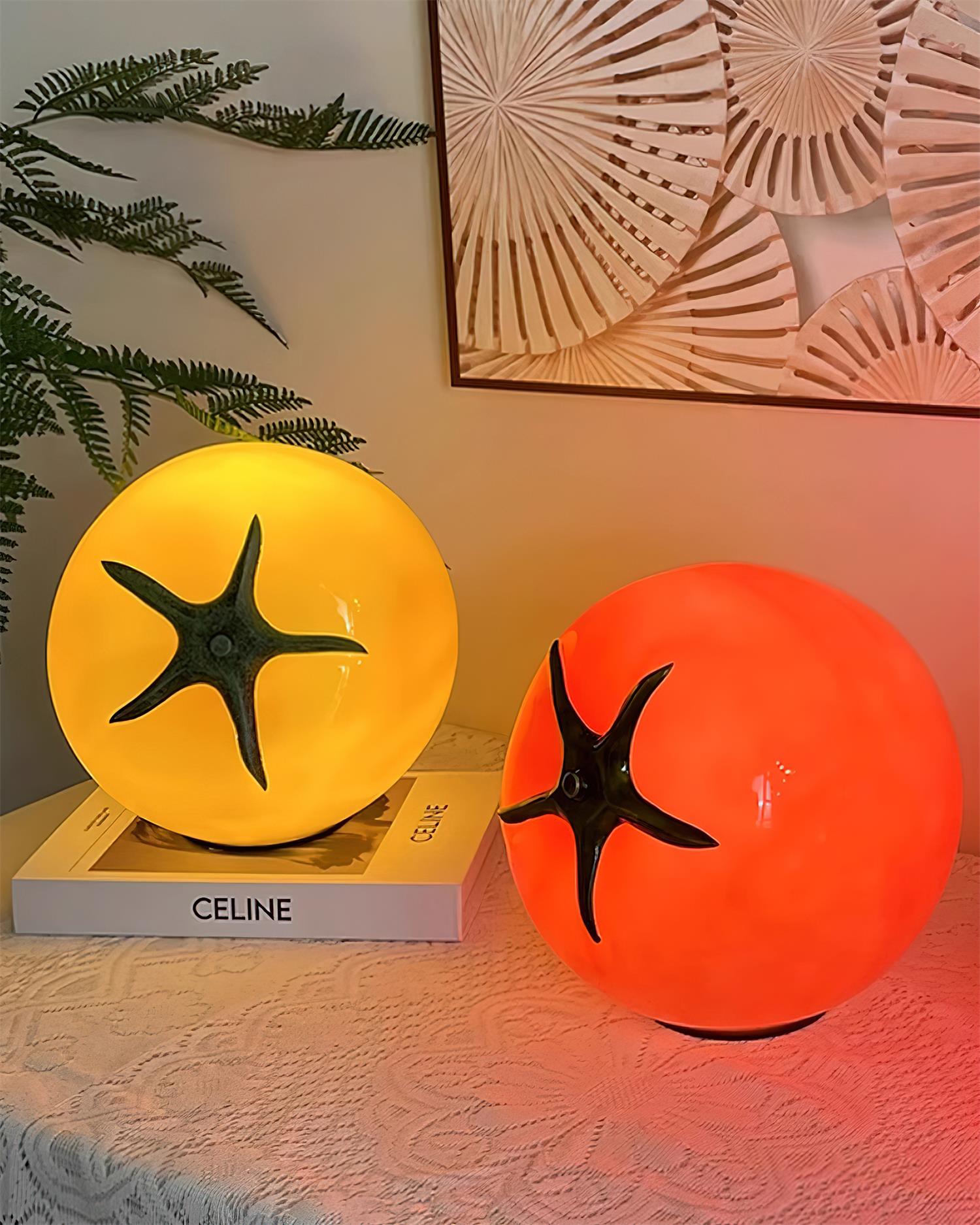 Tomato glass decorative lamp with botanical green calyx design element