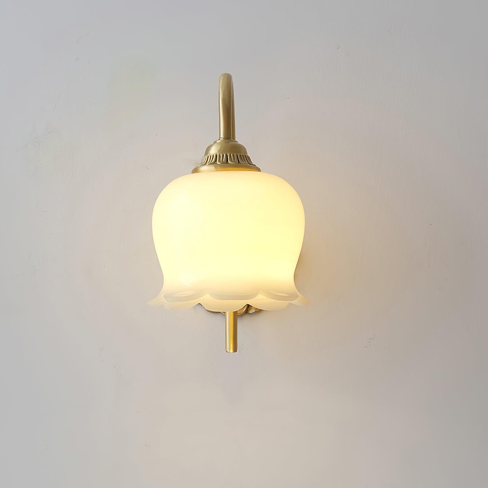 Vintage Lily of the Valley Wall Sconce Side View Highlighting Curved Brass Arm and Glass Shade Shape