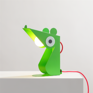 Green mouse playful table lamp displayed on white plinth with red power cord visible