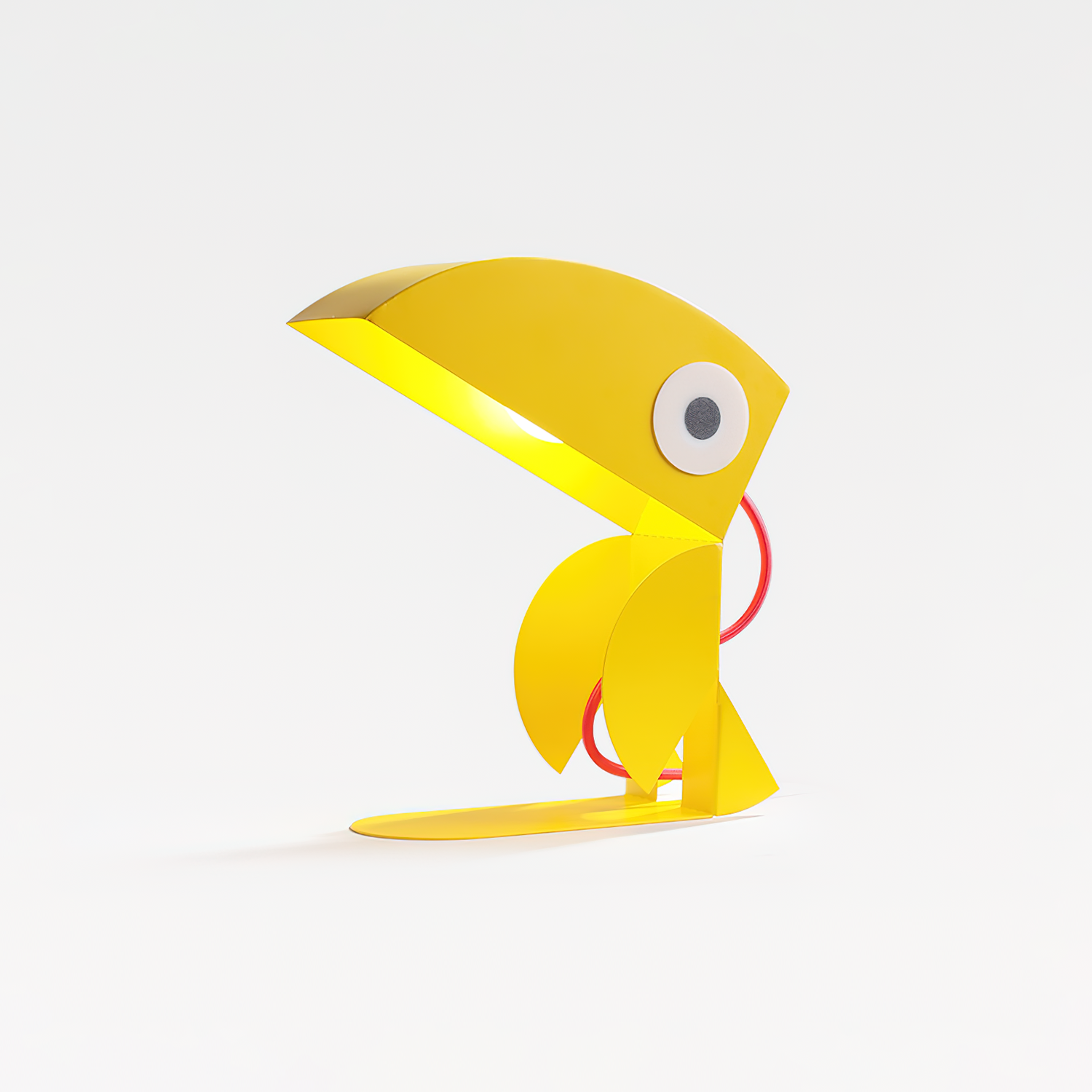 Yellow toucan animal table lamp right three-quarter view showing googly eye details and matte finish