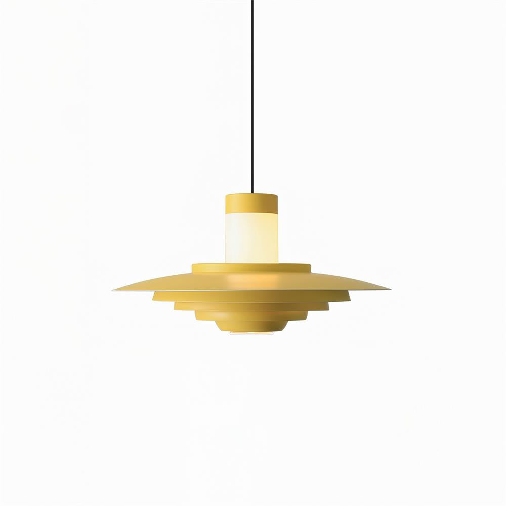 Tiered geometric pendant light in warm yellow finish suspended in modern residential space with minimalist home decor and contemporary styling