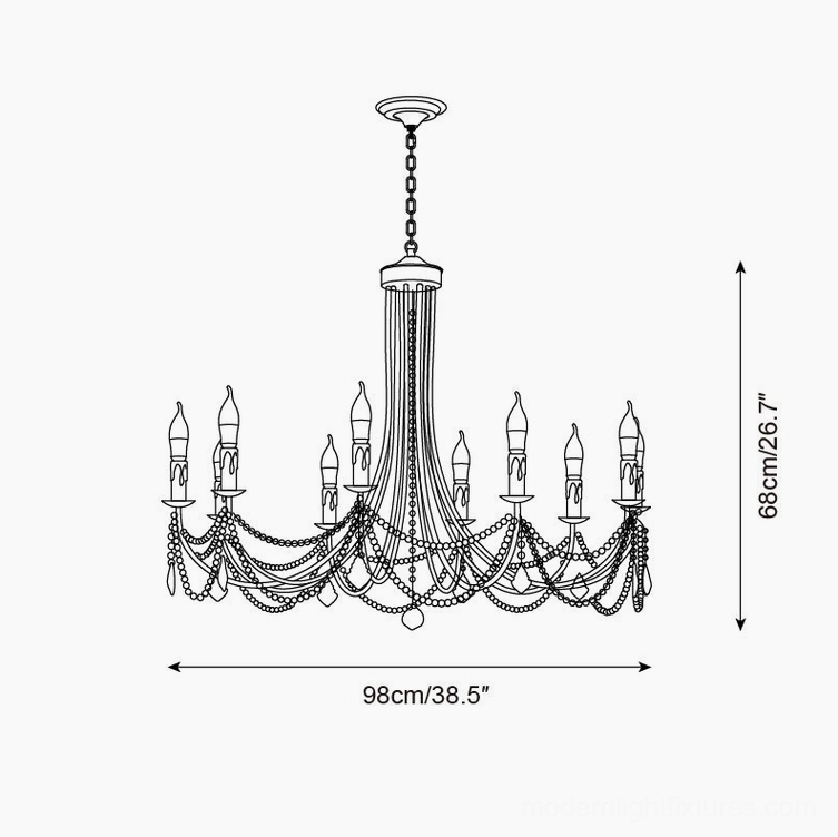 10-head grand black pearl crystal chandelier technical schematic showing 98cm diameter and 68cm height specifications