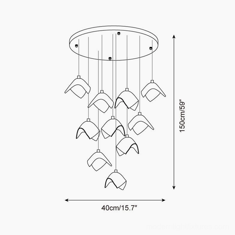 Technical schematic of 10-head cascading bloom chandelier showing 40cm diameter and 150cm height specifications