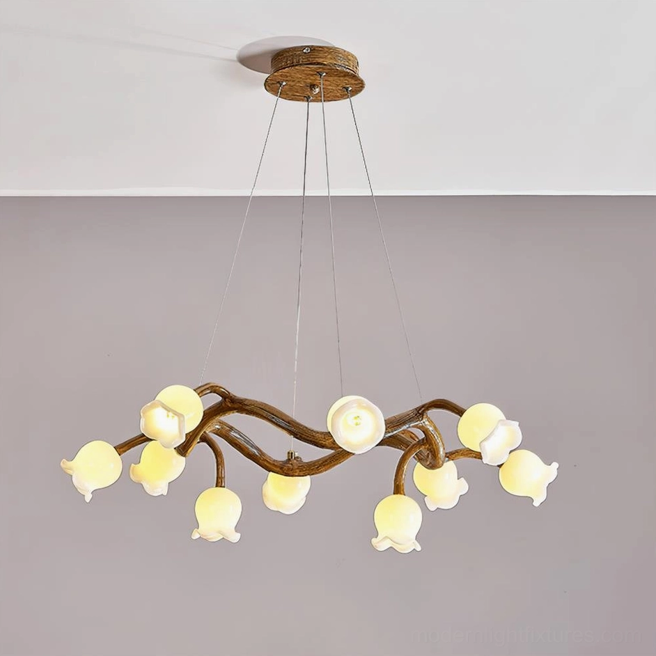 10-head organic branch chandelier with lily flower pendant lights warm wood finish