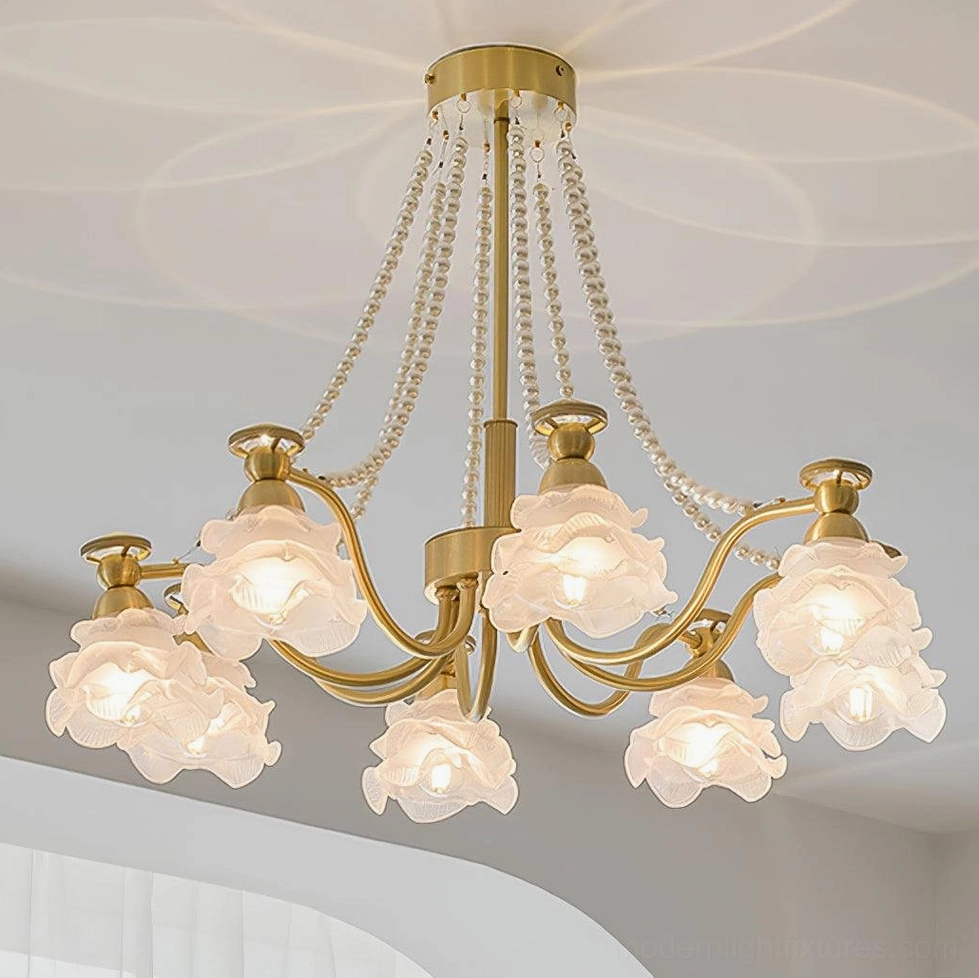 10-head floral rose glass chandelier close-up with brass frame and frosted rose shade details