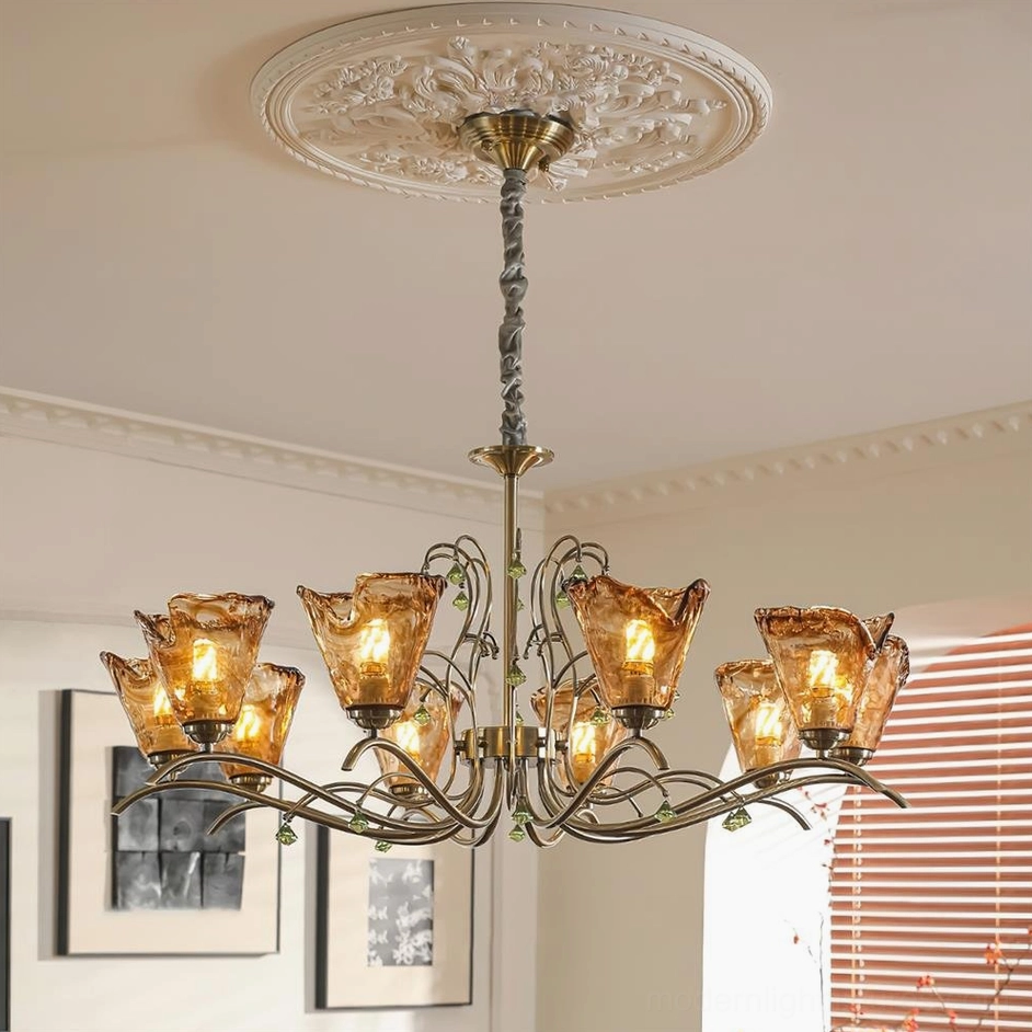 10-head Vetraio chandelier, largest configuration with 90cm diameter, ceiling-mounted view showing all hand-blown amber glass shades and bronze framework