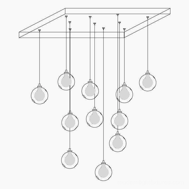 11-head long canopy glass globe cluster chandelier demonstrating mid-size luxury modern pendant installation