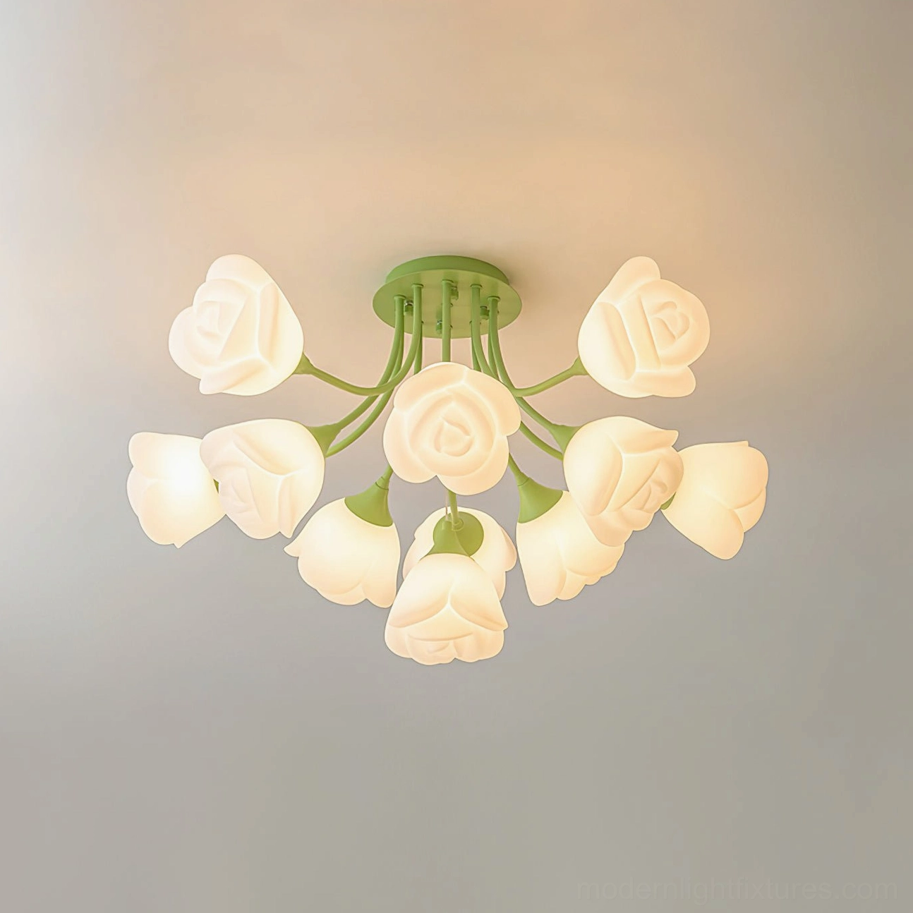 11-head rose ceiling light 80cm diameter standard size with green metal base and soft illumination