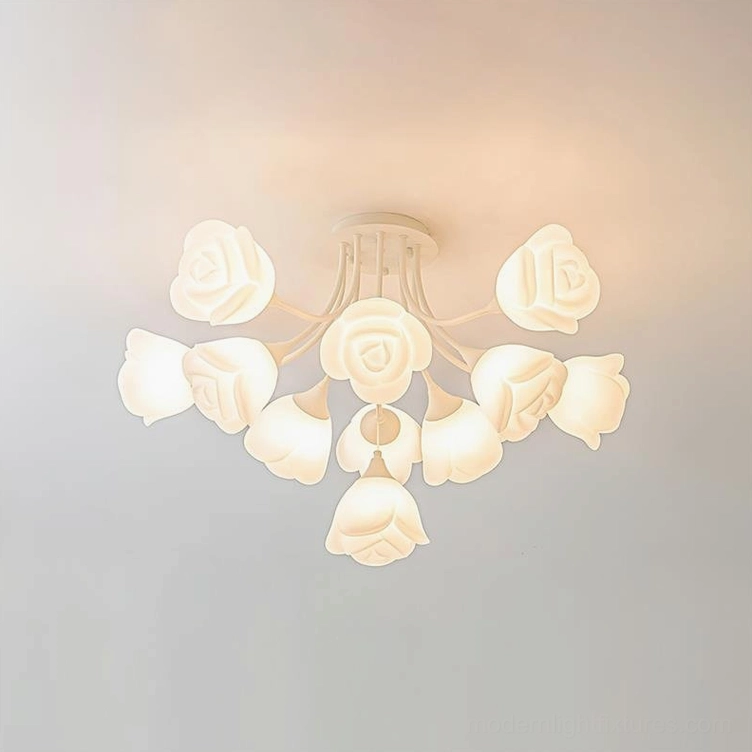 11-head rose ceiling light fixture 31.5 inches diameter in cream interior with warm ambiance