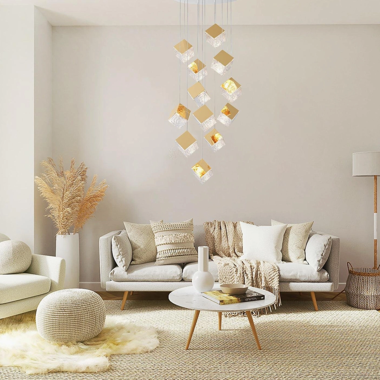 Modern 12-head geometric cube chandelier gold finish luxury residence