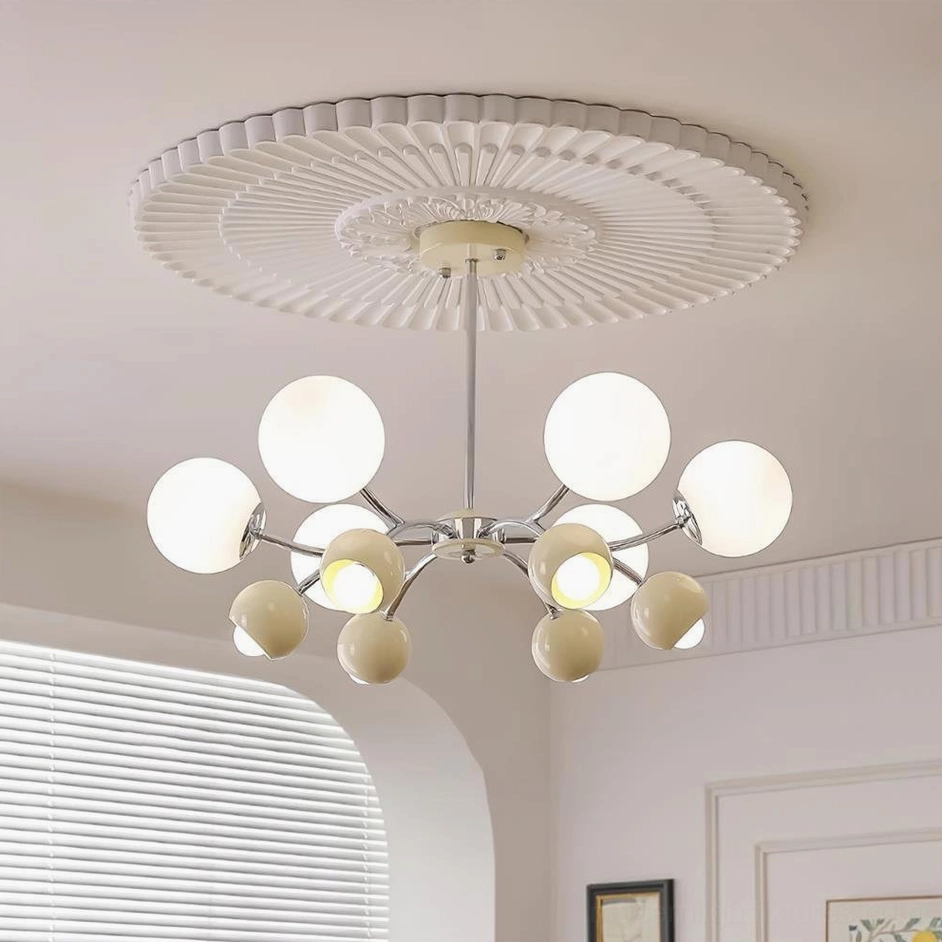 12-head Sputnik pendant chandelier in beige and white, contemporary glass globe lighting for dining rooms