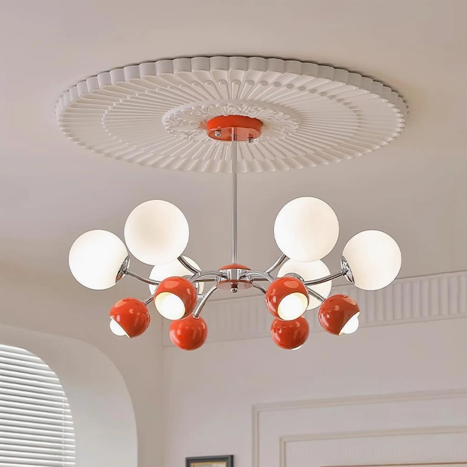 12-head Sputnik globe chandelier in orange and white, installed in contemporary dining space