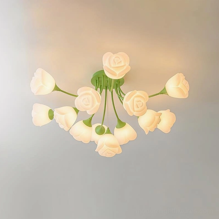13-head rose light fixture 39.3 inch diameter in green finish with botanical aesthetic appeal