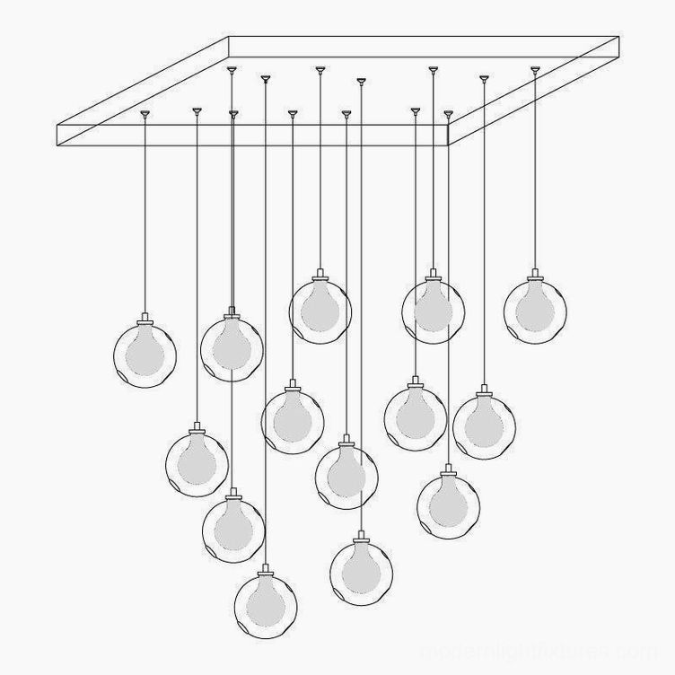 14-head long canopy glass globe cluster chandelier for sophisticated residential and commercial modern interiors