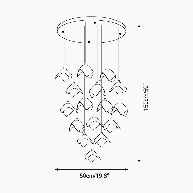 Technical schematic of 16-head cascading bloom chandelier showing 50cm diameter and 150cm height specifications