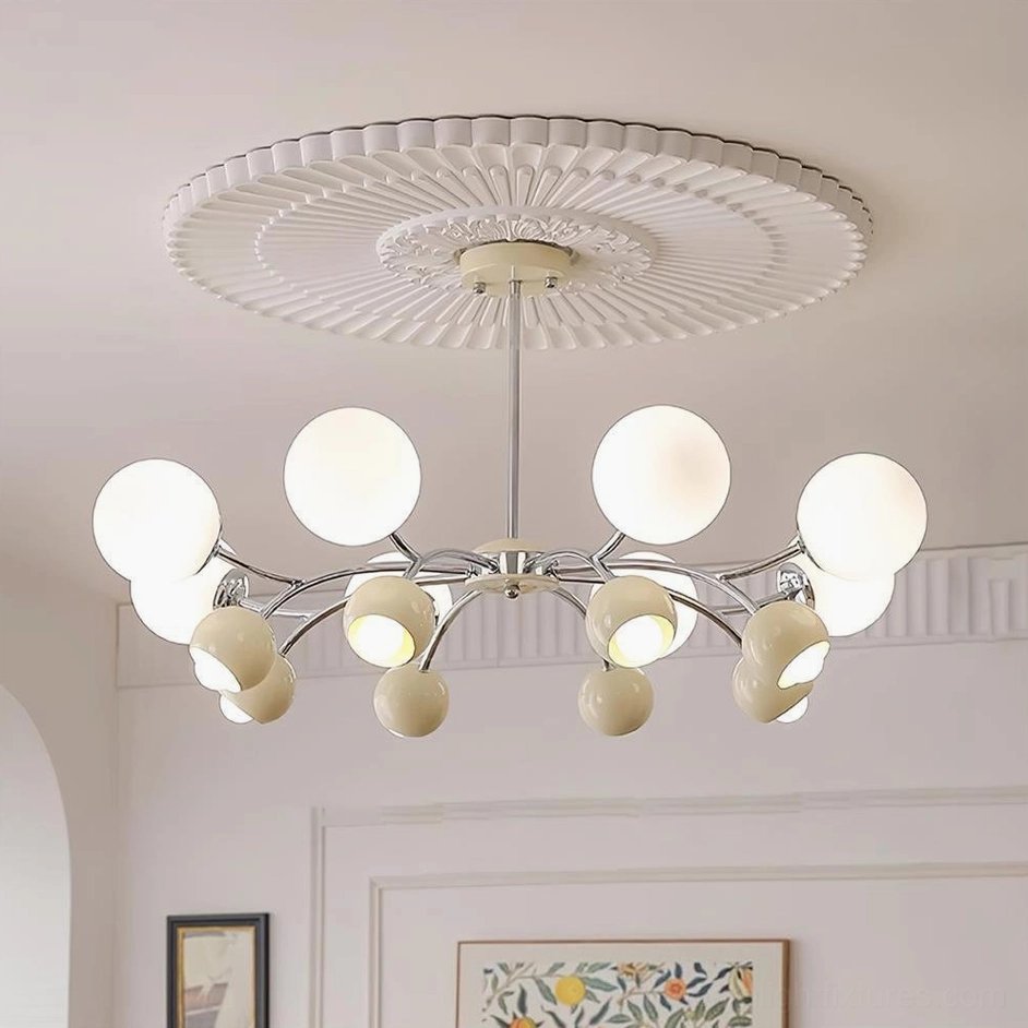 Large 16-head Sputnik chandelier with beige and white frosted glass shades, statement pendant lighting for modern homes