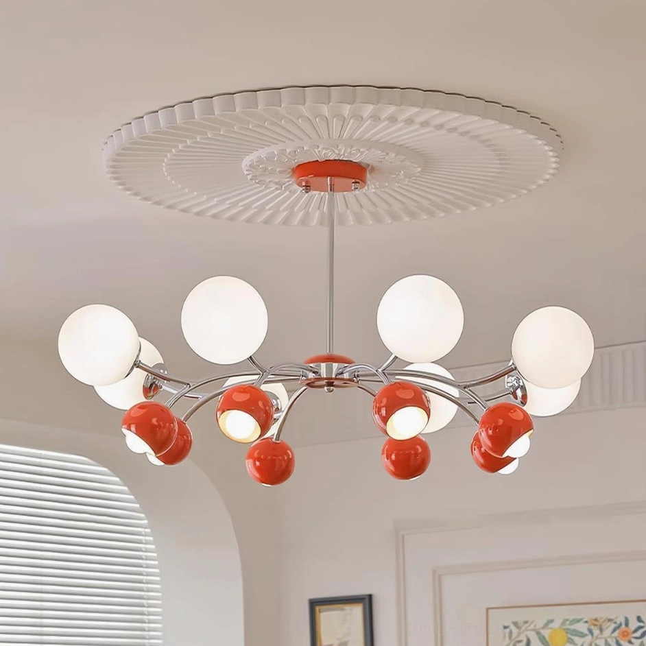 16-head large Sputnik chandelier with orange and white frosted glass globe shades, premium pendant lighting fixture