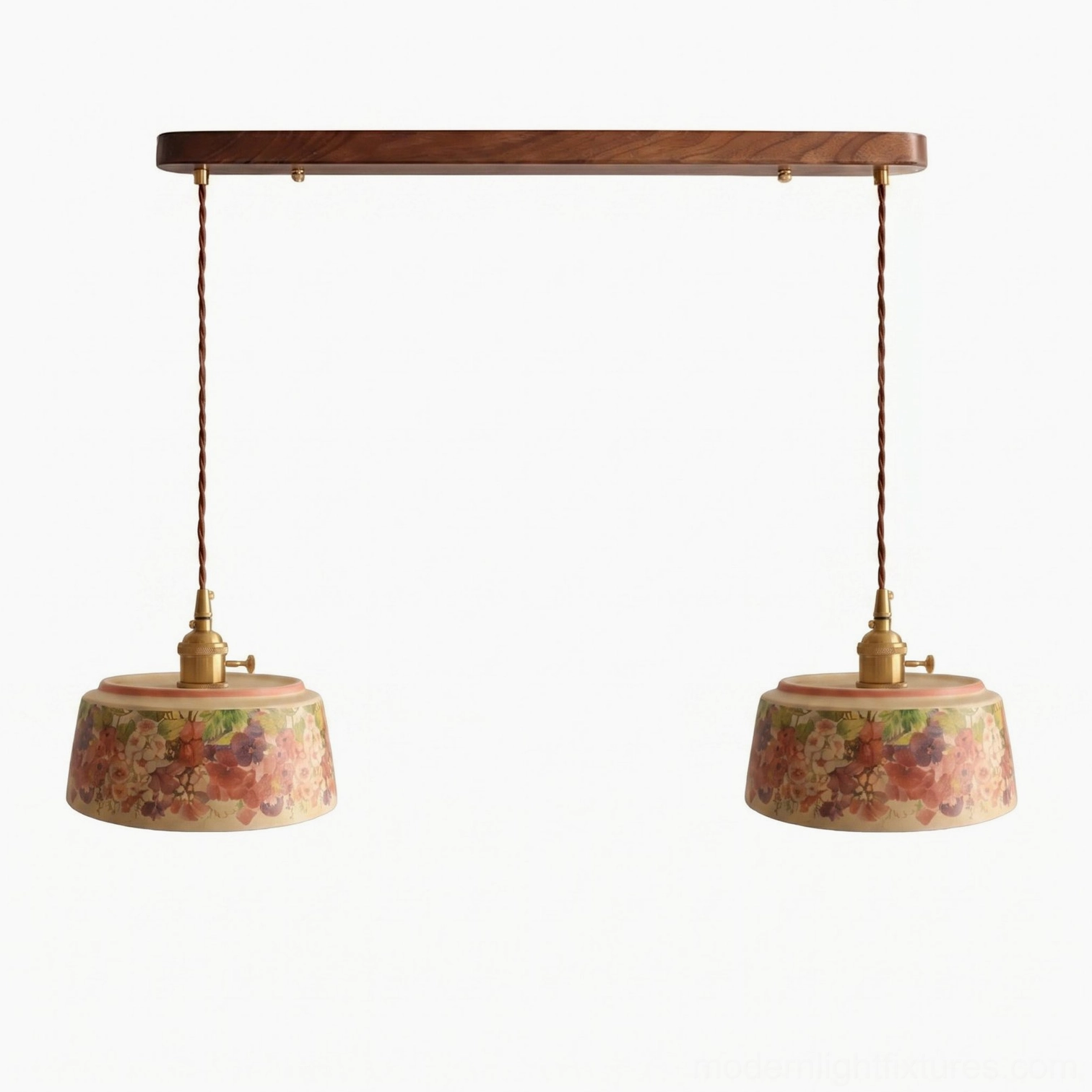 2-light linear watercolor floral pendant with wood bar above small kitchen island