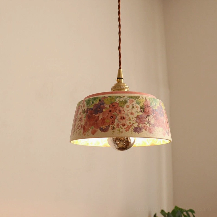 2-light linear watercolor floral pendant configuration with natural wood mounting bar