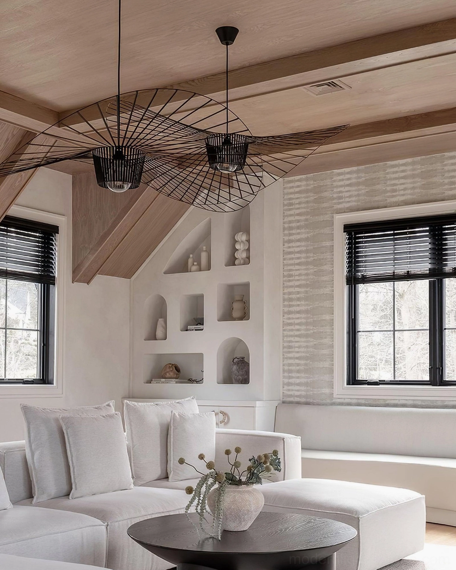 200cm statement scale woven fiber glass pendant in architectural ceiling application