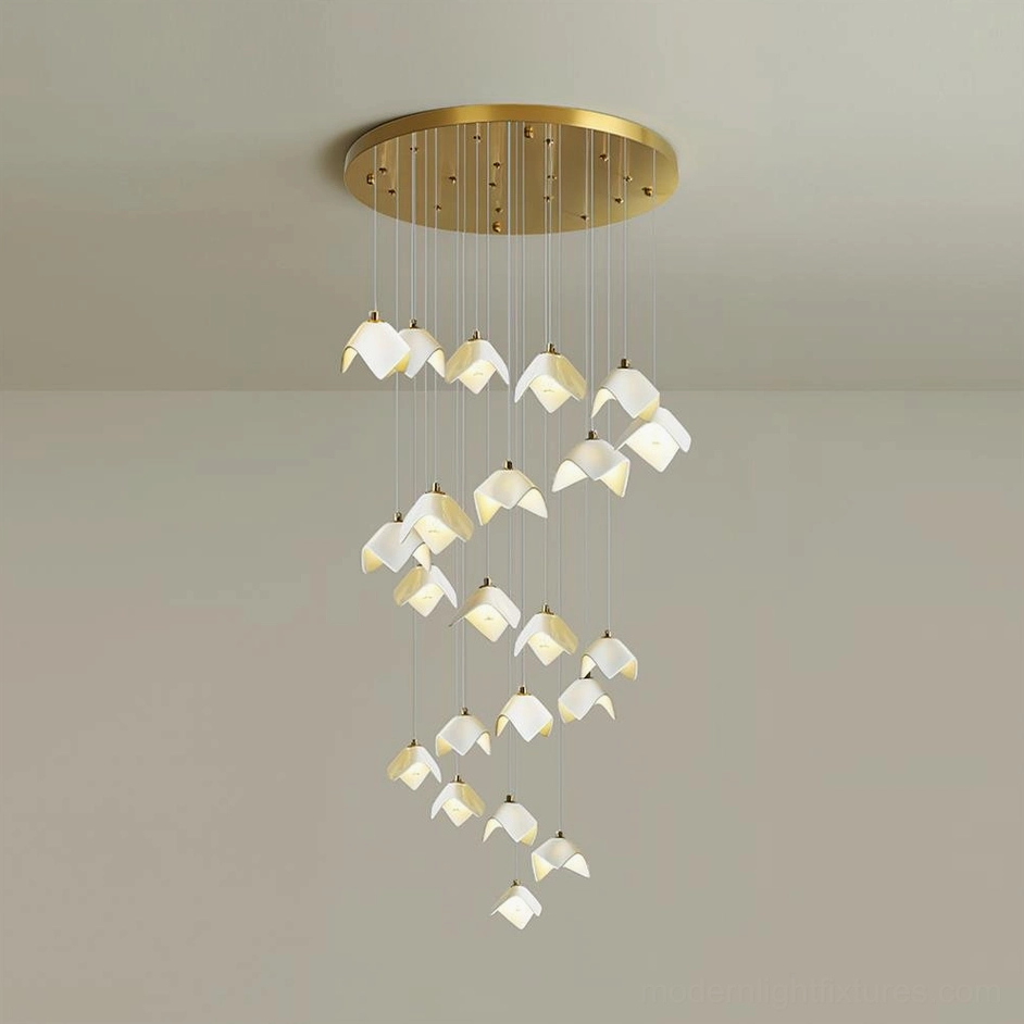 22-head cascading bloom chandelier suspended in double-height space with sculptural silhouette and warm glow