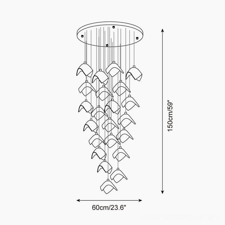 Technical schematic of 22-head cascading bloom chandelier showing 60cm diameter and 150cm height specifications