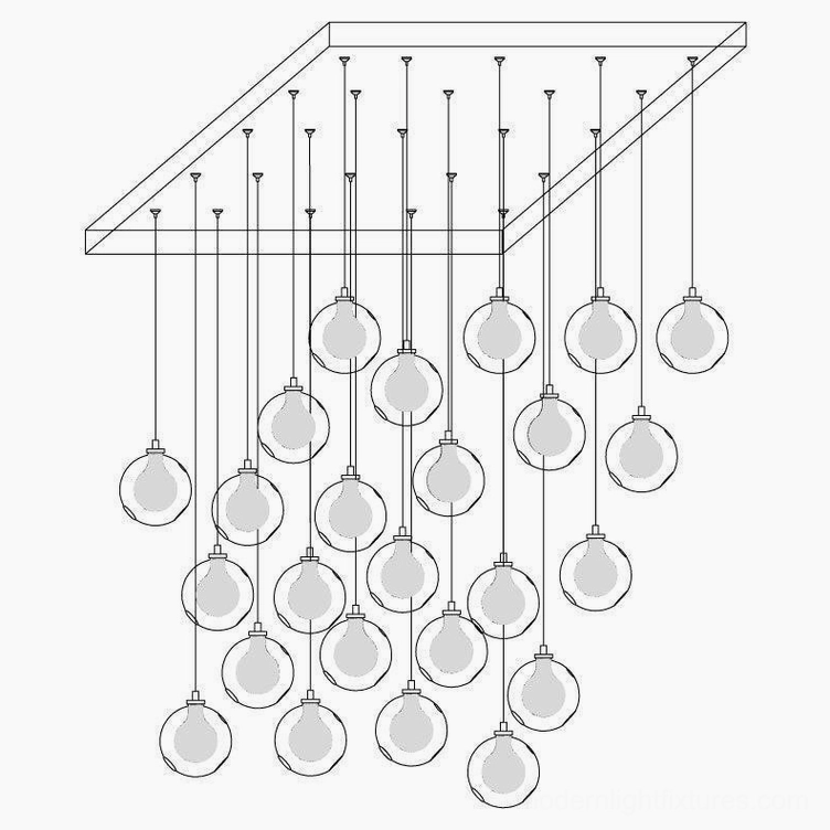 25-head long canopy glass globe cluster chandelier maximum configuration for grand scale contemporary lighting installations