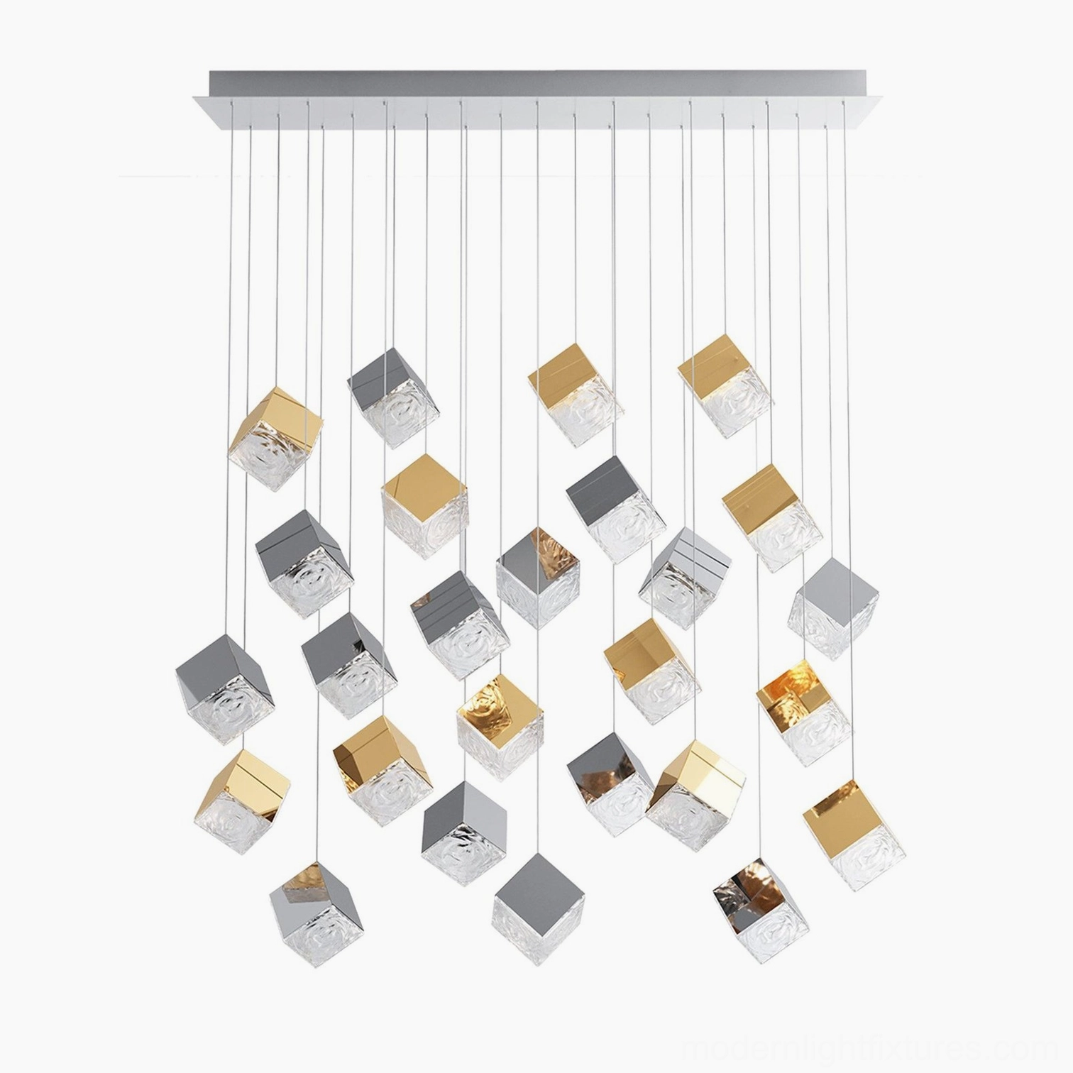Large 26-head geometric cube chandelier linear configuration installation