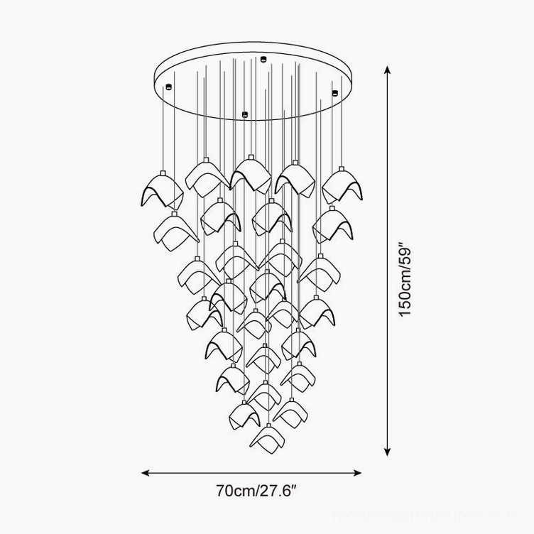 Technical schematic of 28-head cascading bloom chandelier showing 70cm diameter and 150cm height specifications