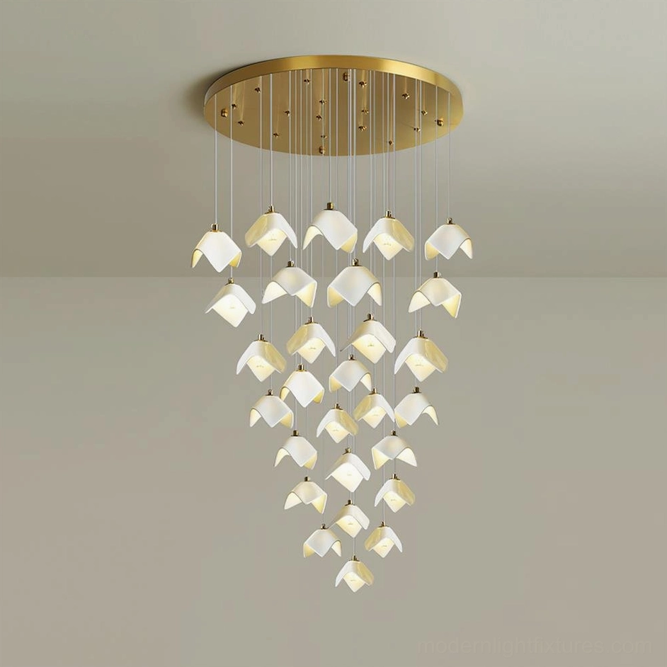 Modern floral chandelier with 28-head configuration illuminating elegant residential entrance foyer