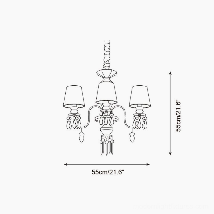 Technical schematic diagram of 3-arm pastel ceramic chandelier with dimensions 55cm diameter and 55cm height