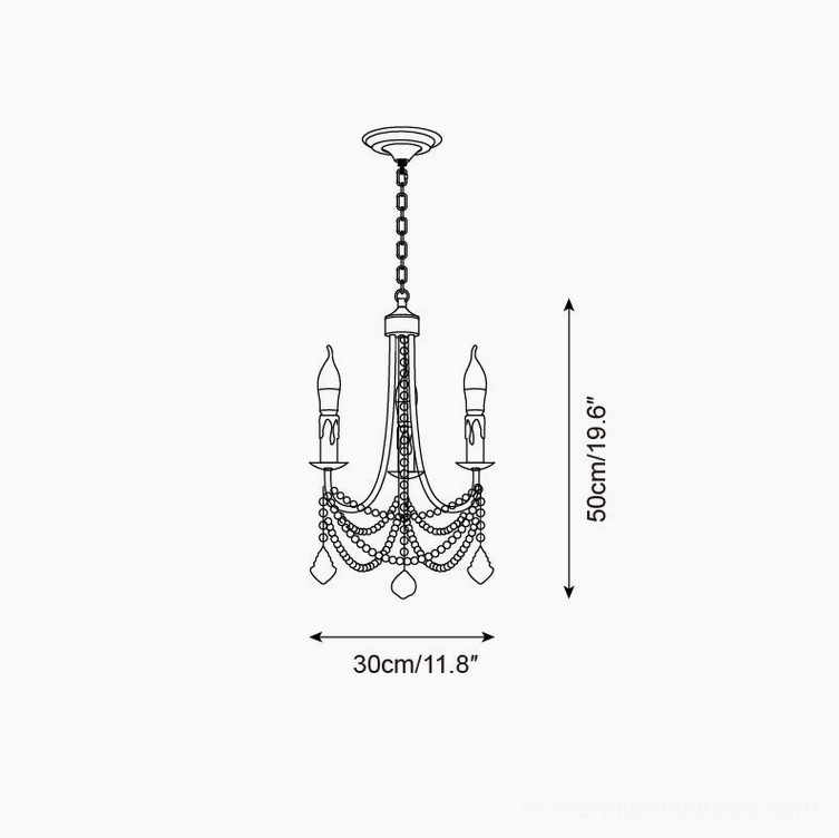 3-head compact black pearl crystal chandelier technical schematic showing 30cm diameter and 50cm height dimensions