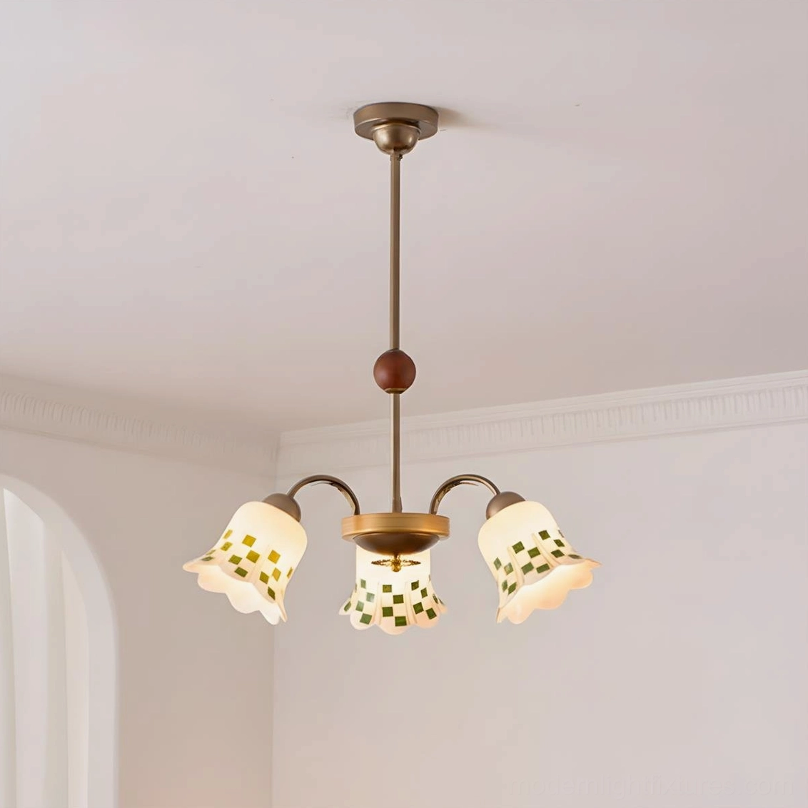 3-head vintage bloom garden chandelier with bronze metal frame and green-accented scalloped glass, studio view