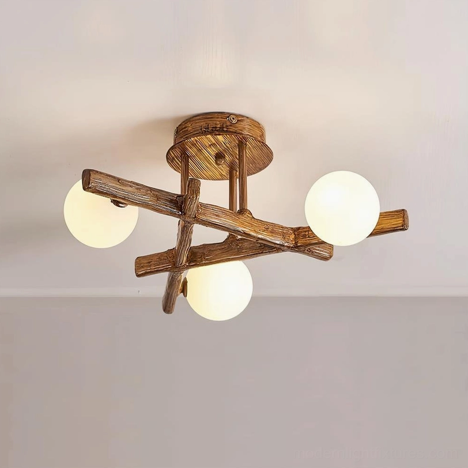 3-head branch semi-flush ceiling light close-up - wood base with milky glass lamp shades detail