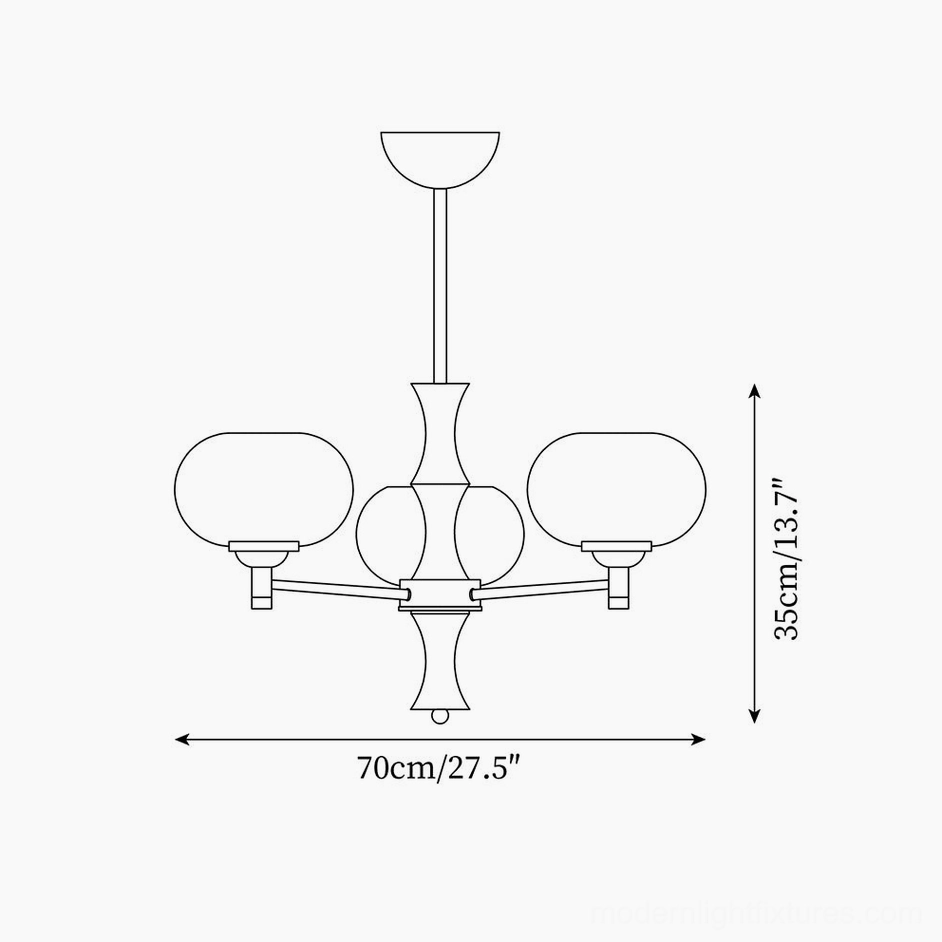 3-head vintage chandelier technical design specification drawing showing dimensions 70cm width x 35cm height (27.5 inches x 13.7 inches)