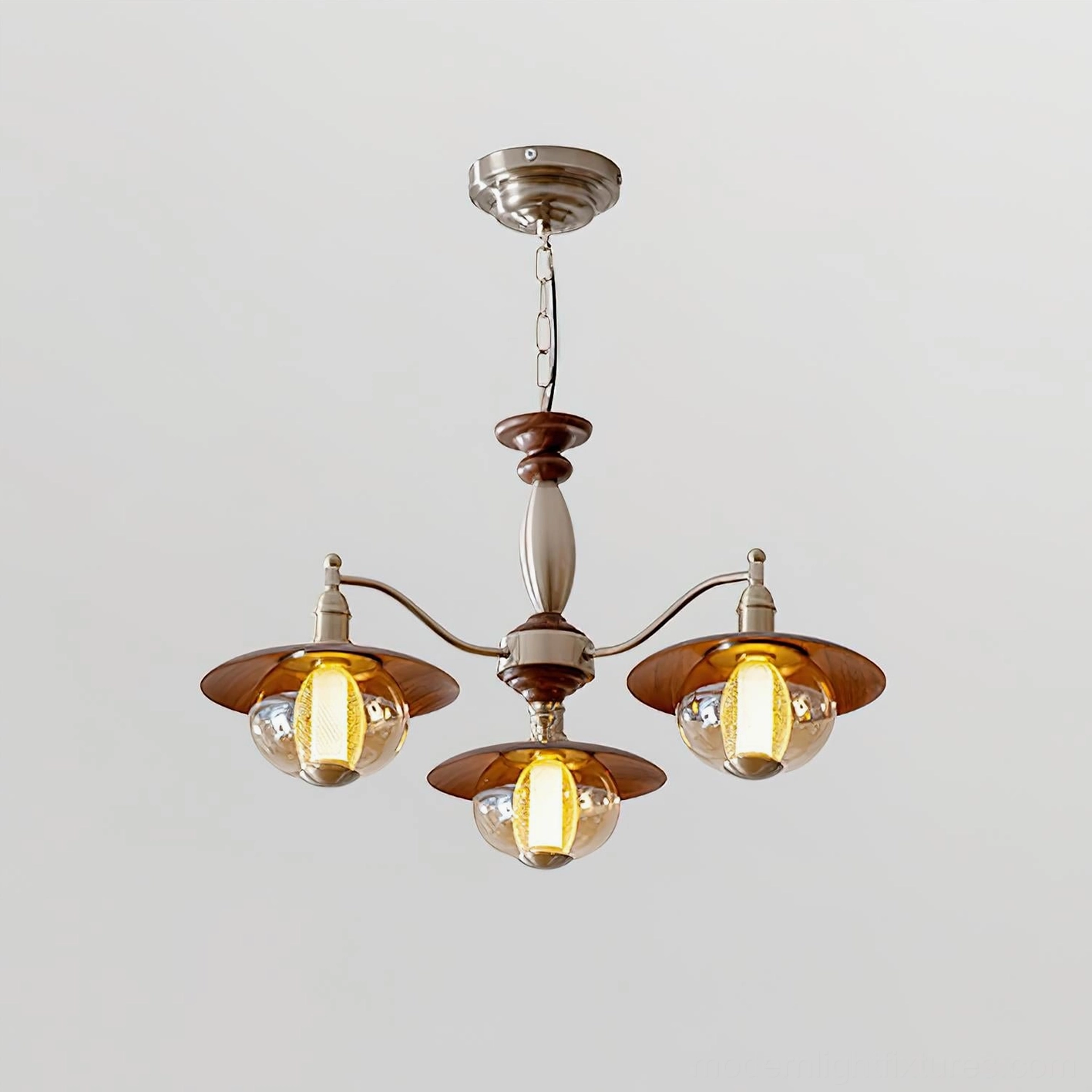 3-head coachlight globe chandelier 75cm width compact rustic fixture - walnut and nickel finish variant